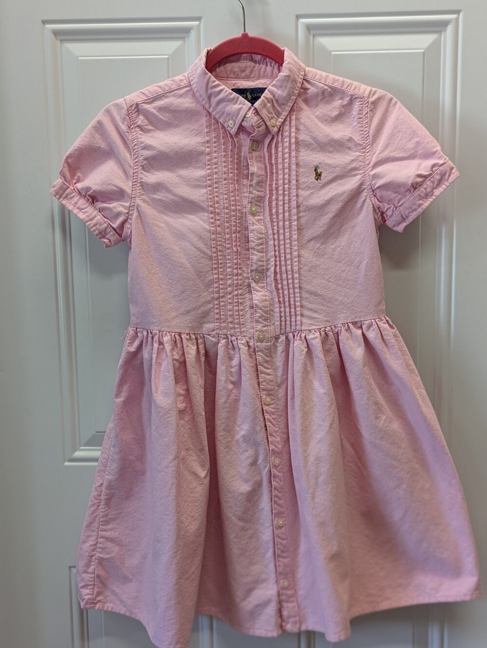 Polo Ralph Lauren Girls Size 16 Pink Oxford Shirt Dress Pintuck Cotton Pony